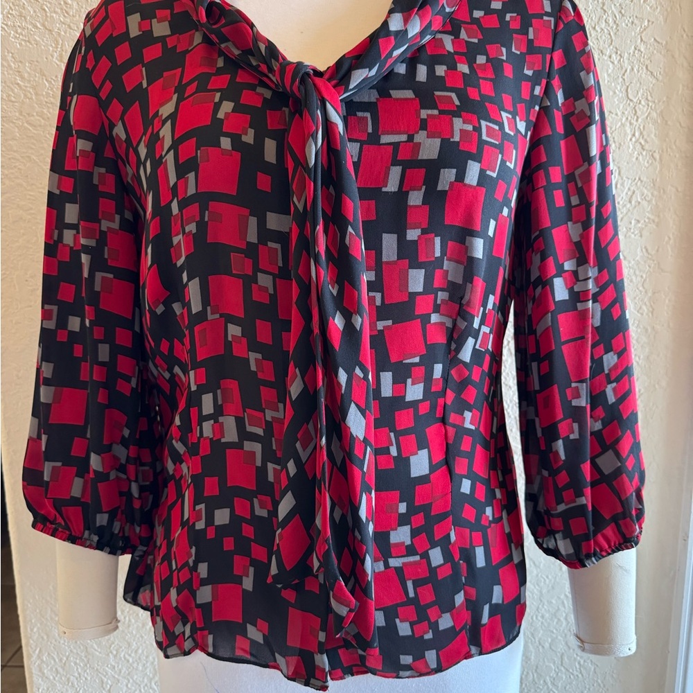 Anne Klein Red and Black Silk Geometric Blouse